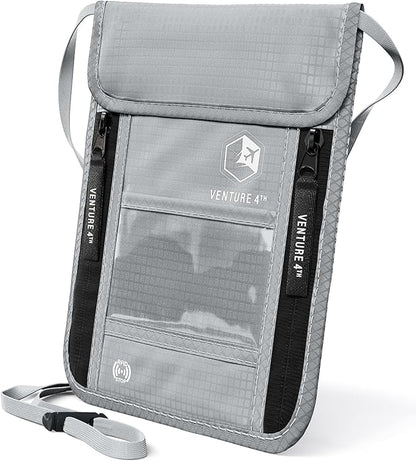 VENTURE 4TH Neck Wallet, RFID Blocking Passport Holder for Travel – Hidden Neck Pouch with 6 Compartments, Slim Lightweight Organizer with Adjustable Strap for Cash, Cards & Passport (Silver)