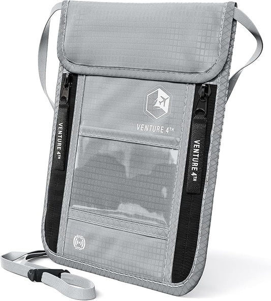 VENTURE 4TH Neck Wallet, RFID Blocking Passport Holder for Travel – Hidden Neck Pouch with 6 Compartments, Slim Lightweight Organizer with Adjustable Strap for Cash, Cards & Passport (Silver)