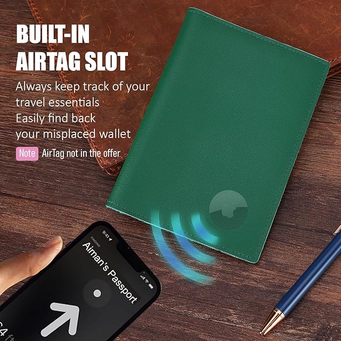 STAR VISTA Albatross Leather Travel Passport Holder, Minimalist Design, Calfskin Leather Case for Women and Men - Slim Passport Wallet, Bifold, RFID Blocking, with AirTag Holder, Green
