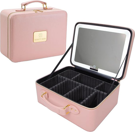 Makeup Bag with LED Mirror, Portable Makeup Artist Organizer Case with Lighted Mirror, Travel Makeup Bag for Women Cosmetic Brush Holder Storage, Pink Makeup Gift for Girls