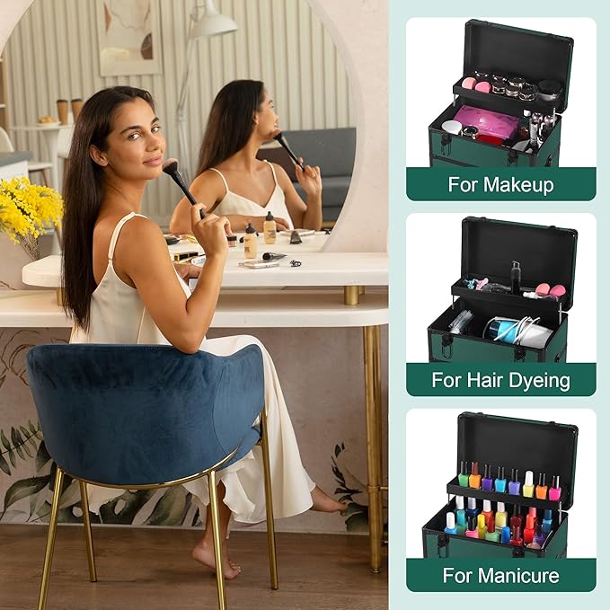 Makeup Train Case with Drawer, Rolling Makeup Case, Cosmetology Case on Wheels, Gift, Travel Makeup Organizers, Profesional Cosmetic Case for Salon Barber,Nail,Tattoo,Green