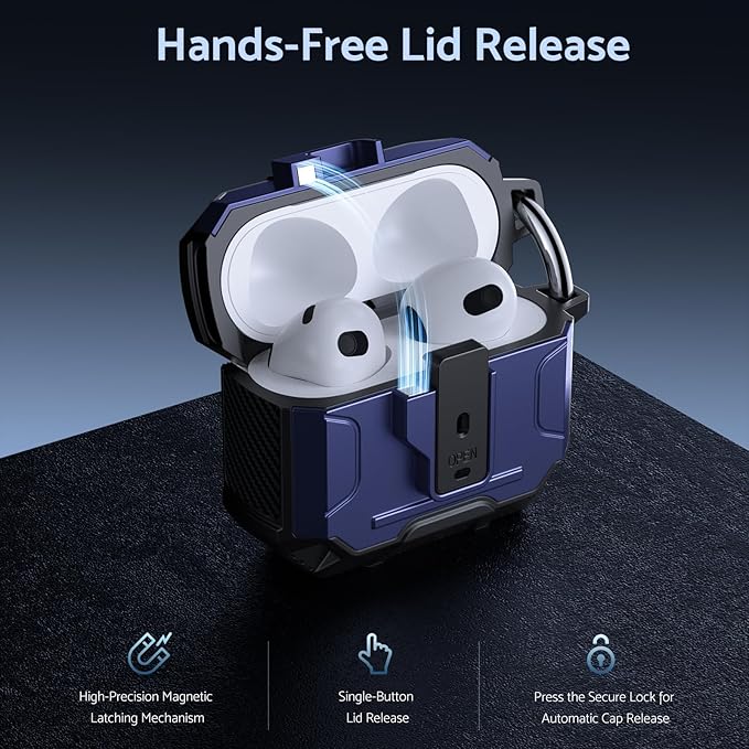 DASFOND Armor Cover Airpods 3 Generation Case, Military Grade Full Body Shockproof Protection Hard Case, Support Wireless Charging with Keychain, Magnetic Lid, Front LED Visible, Blue
