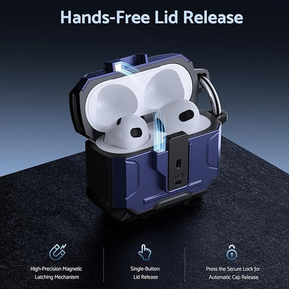 DASFOND Armor Cover Airpods 3 Generation Case, Military Grade Full Body Shockproof Protection Hard Case, Support Wireless Charging with Keychain, Magnetic Lid, Front LED Visible, Blue