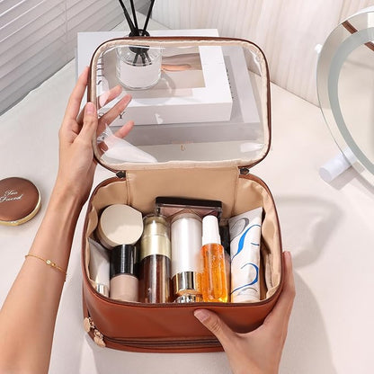 Pocmimut Makeup Case,Double Layer Large Cosmetic Bag with Makeup Brush Bag,TSA Approved Toiletry Bag Skincare Bag Car Accessories Travel Essentials Organizers for Women,Brown