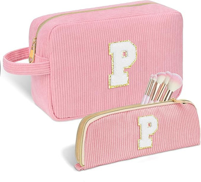 Personalized Initial Makeup Bag Trendy Stuff Corduroy Cosmetic Bag Travel Toiletry Bag for Women, Christmas/Thanksgiving/Halloween Gifts Makeup Organizer Case for Teen Girls Mom Girlfriend Wife - Pink