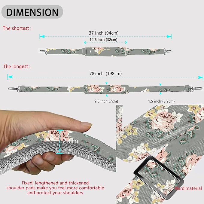 ZINZ Shoulder Strap 78" Universal Handbag Strap with Ultra-thick Fixed Padded and Dual Balanced Adjustable Buckles Shoulder Crossbody Strap for Briefcase Messenger Bag Laptop bag Luggage，Gray rose