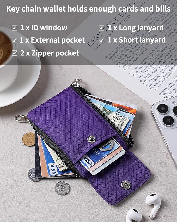 Minimalist Wallet For Mens Womens, Keychain RFID Blocking Zipper Small Wallet with ID Window 2 Lanyards,Water Resistant Travel Cash Card Coin Case Boys Girls