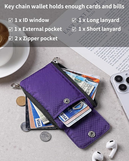 Minimalist Wallet For Mens Womens, Keychain RFID Blocking Zipper Small Wallet with ID Window 2 Lanyards,Water Resistant Travel Cash Card Coin Case Boys Girls