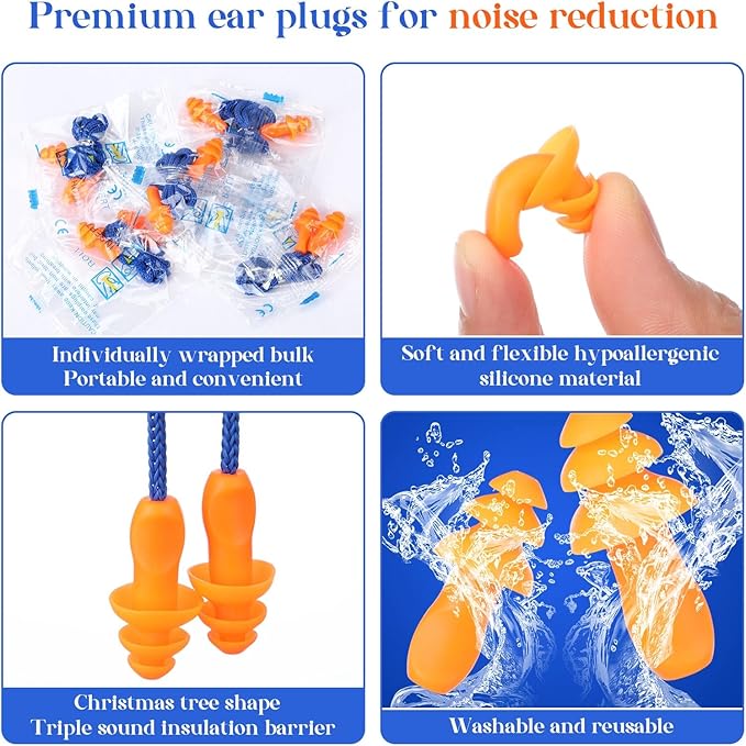 500 Pairs Corded Ear Plugs Bulk 25dB NRR Reusable Silicone Ear Plug with String Individually Wrapped Earplugs for Sleeping Noise Reduction Hearing Protection Shooting Construction Work