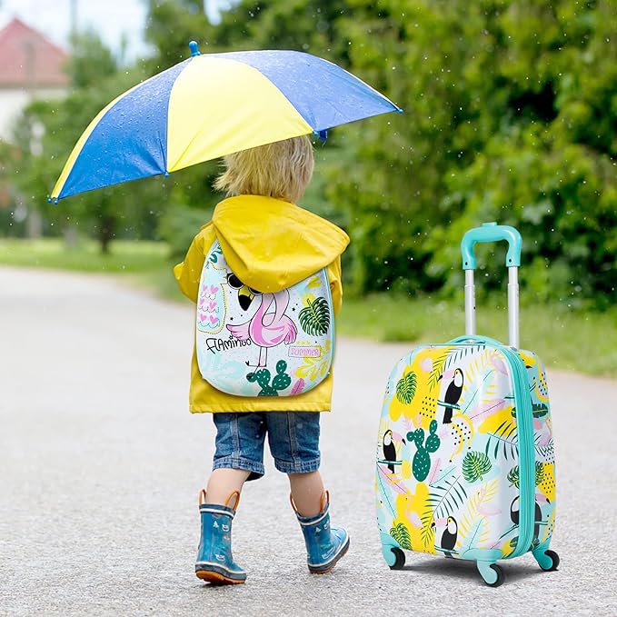 KOTEK Kids Carry On Luggage Set, 16" Hardside Rolling Suitcase with Spinner Wheels, Travel Rolling Luggage for Boys Girls (Flamingo)