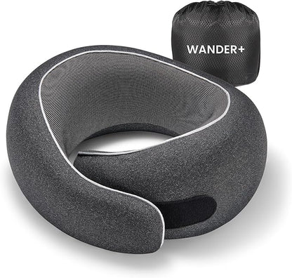 WANDER PLUS® Travel Neck Pillow, Pure Memory Foam Neck Pillow for Airplanes, Comfortable Breathable Cover, 360 Degree Support Ergonomic Design Best for Sleeping Plane Train Travel Essentials Max Black