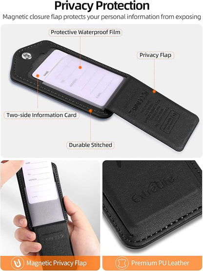 Luggage Tags, Works with Apple Find My, Leather Luggage Tag for Suitcases, Travel Tags, Bag Tag for Backpacks, Suitcase Tag with Privacy Flap, Anti-Lost Smart Luggage Tracker, Travel Essentials, Black