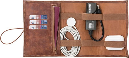 HARDISTON Custom Leather Electronic Organizer Roll – Personalized Cord Pouch for Travel Tech Accessories, USB Cables, Charger, Passport, SD Cards – Handmade Gift for All
