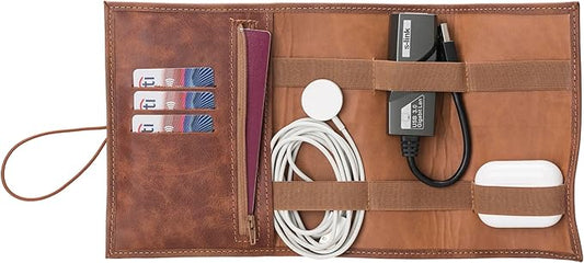 HARDISTON Custom Leather Electronic Organizer Roll – Personalized Cord Pouch for Travel Tech Accessories, USB Cables, Charger, Passport, SD Cards – Handmade Gift for All