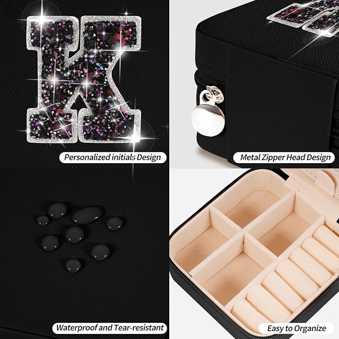 Travel Jewelry Case - Personalized Jewelry Box for Women,Small Jewelry Organizer Cute Jewelry Organizers and Storage Aesthetic,Travel Essentials Birthday Gifts for Girls Women | Black,K