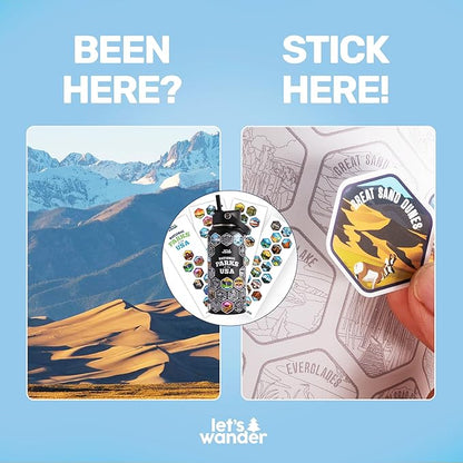 LET'S WANDER National Parks Water Bottle 2.0 Ultimate Bundle | Includes Straw Lid, Chug Lid and 2 Sets of 63 Waterproof Stickers | 32oz Leakproof Insulated Stainless Steel Gift Pack (Black)