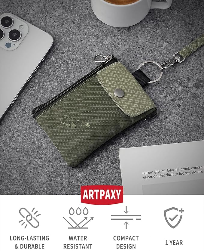 Minimalist Wallet For Mens Womens, Keychain RFID Blocking Zipper Small Wallet with ID Window 2 Lanyards,Water Resistant Travel Cash Card Coin Case Boys Girls