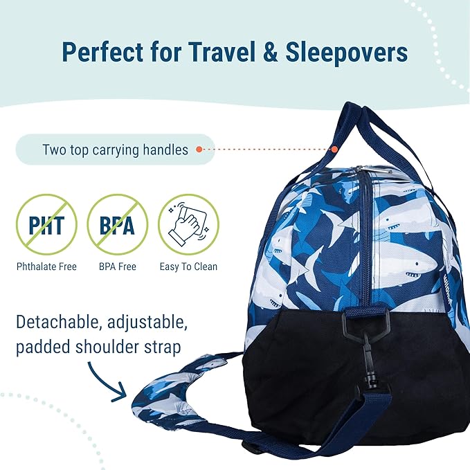 Wildkin Kids Overnighter Duffel Bag – Carry-On Size, Ideal for School & Sleepovers – Sharks