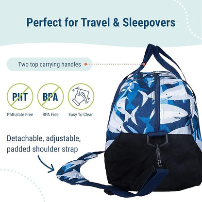 Wildkin Kids Overnighter Duffel Bag – Carry-On Size, Ideal for School & Sleepovers – Sharks