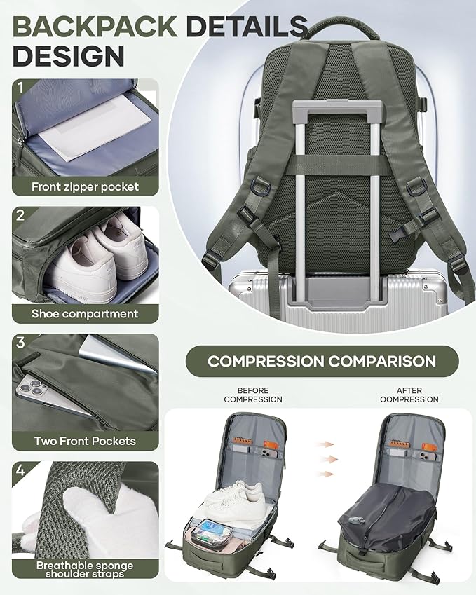 Vacuum Backpack Travel with Pump,Vacuum Seal Bags for Clothing, Shoe Compartment,United Airlines Personal Item Bag 17x10x9,Mochila compresion al vacio,Brown Green