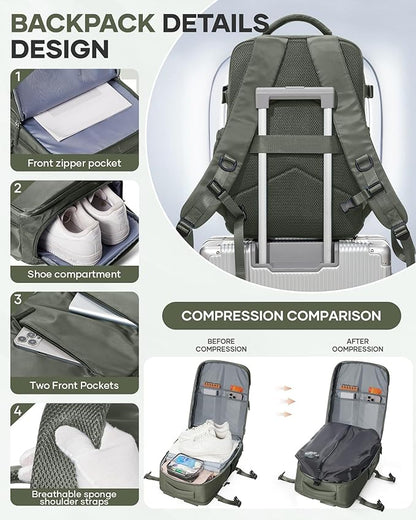 Vacuum Backpack Travel with Pump,Vacuum Seal Bags for Clothing, Shoe Compartment,United Airlines Personal Item Bag 17x10x9,Mochila compresion al vacio,Brown Green