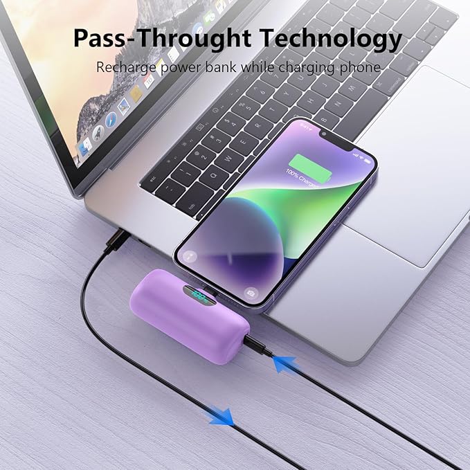 Mini Portable Charger for iPhone,Upgraded 5000mAh PD Fast Charging Battery Pack,LCD Display Cute Power Bank Portable Phone Charger for iPhone 14/14 Pro Max/13/13 Pro/12 Pro/11/XS/XR/X/8/7/6-Purple