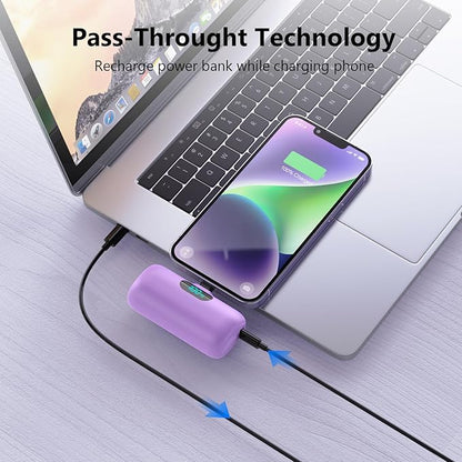 Mini Portable Charger for iPhone,Upgraded 5000mAh PD Fast Charging Battery Pack,LCD Display Cute Power Bank Portable Phone Charger for iPhone 14/14 Pro Max/13/13 Pro/12 Pro/11/XS/XR/X/8/7/6-Purple