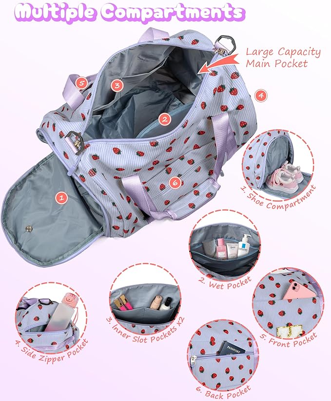 Christmas Gifts for Grandkids, Girls Gym Bag, Kids Personalized Overnight Duffle Bags with Shoe Compartment, Monogram Travel Tote with Makeup Bag, 8 Year Old Girl Birthday Gift (Letter K)