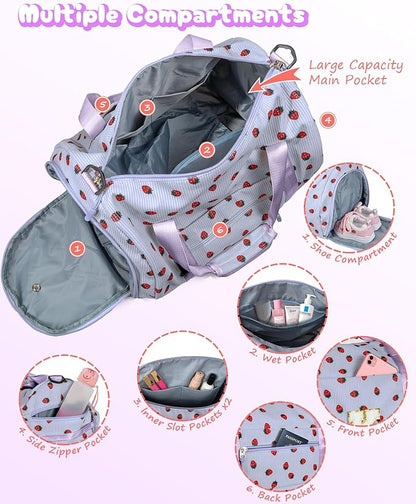 Tween Girl Gifts Trendy Stuff, Girls Gym Bag, Kids Personalized Overnight Duffle Bags with Shoe Compartment, Monogram Travel Tote with Makeup Bag, Trip Essentials for Kid (Letter V)