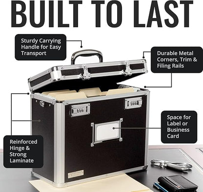 Vaultz File Organizer Storage Box - 14 x 7 x 12.19 Inch Letter Size, Portable Locking Storage Totes with Dual Combination Locks for Filing Office Documents - Black