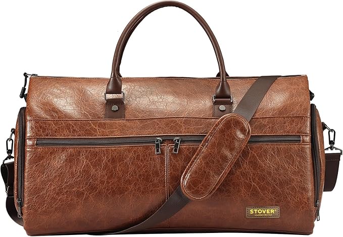 STOVER Garment Travel Duffle Bag, Large 2-in-1 Convertible Carry-on Luggage for Men & Women- Hanging Suits, Dresses & Clothes + Shoe Compartment- Weekender Tote Combo Duffel (Brown Leatherette)