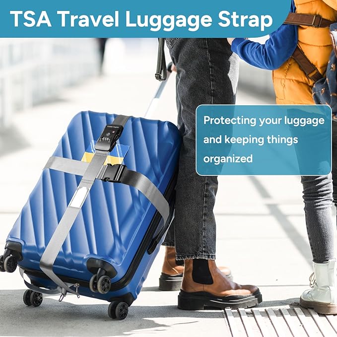Travel Inspira Travel Belt for Luggage, TSA Approved Luggage Straps, 3-Dial Combination Locks Adjustable Suitcase Belt, Quick-Release Buckle (Grey)