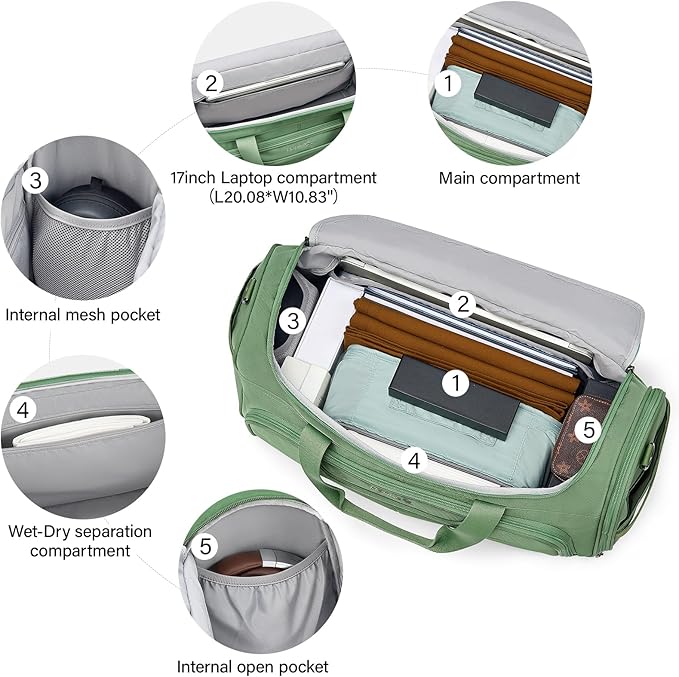 Hanke Carry On luggage Bags for Travel, Large Foldable Duffle Bag for Travel, Softside Lightweight Travel Bag Carry On Bags for Airplanes Women, Travel Tote Bags for Women Men.(Forest Green)