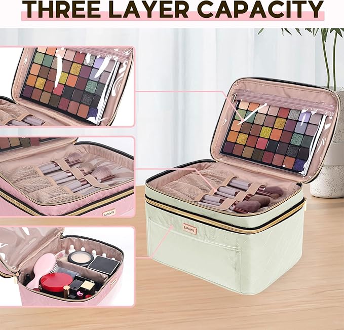 8.8L Double Layer Travel Makeup Bag Women, Large Cosmetic Case, Organizer for Travel-Size Accessories Bottles, Brushes, and Skin Care Products, Beige 2.33 GAL
