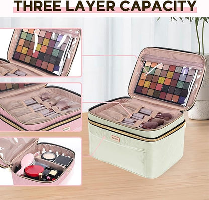 8.8L Double Layer Travel Makeup Bag Women, Large Cosmetic Case, Organizer for Travel-Size Accessories Bottles, Brushes, and Skin Care Products, Beige 2.33 GAL