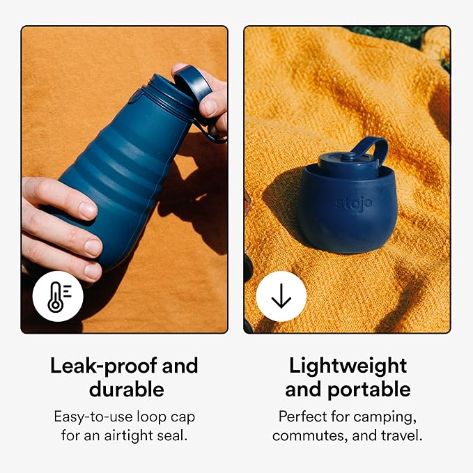 STOJO Collapsible Water Bottle – Denim Blue, 20oz / 592ml - Leak-Proof Reusable Silicone Travel Cup for Hot & Cold Drinks - Microwave & Dishwasher Safe