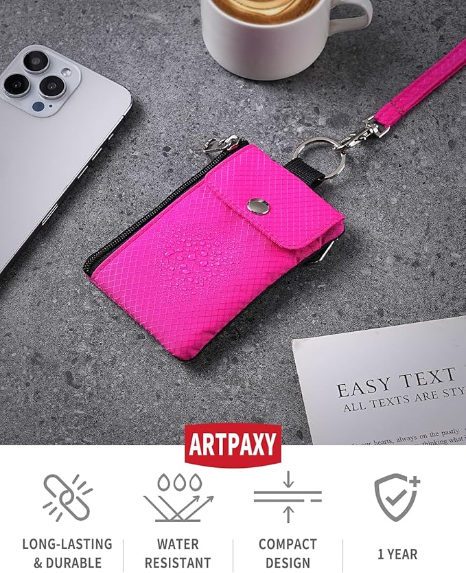 Minimalist Wallet For Mens Womens, Keychain RFID Blocking Zipper Small Wallet with ID Window 2 Lanyards,Water Resistant Travel Cash Card Coin Case Boys Girls