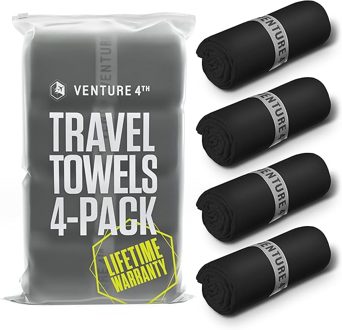 VENTURE 4TH - 4pcs Quick Dry Towels. Microfiber Travel Towels. Lightweight & Fast Drying Travel Towels for Body. Compact & Easy to Pack - 4 Pack Black Extra Large