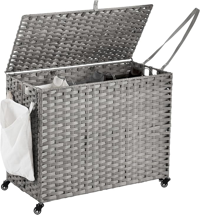 Laundry Hamper with Wheels, 52.8 Gallon(200L) Rolling Laundry Basket with Lid, Removable Large 3 Color Liners & 3 Mesh Laundry Bags, Clothes Hamper with Side Pocket, Grey