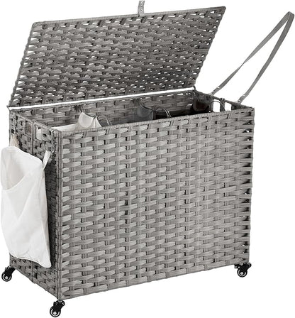 Laundry Hamper with Wheels, 52.8 Gallon(200L) Rolling Laundry Basket with Lid, Removable Large 3 Color Liners & 3 Mesh Laundry Bags, Clothes Hamper with Side Pocket, Grey