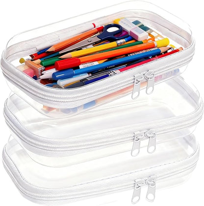 3PCS Clear Hard Plastic Zipper Case, Double Zippers Hard Pouch, Portable Travel Organizer Bin Clear Makeup Bag for Toy Storage, Snack Bag, Cosmetics, Pencil Case, Diaper Bag, Toiletry Bag
