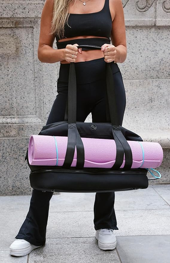 Joan & David 21" Weekender Yoga Gym Duffel Bag with Neoprene Zippered Drop Bottom Compartment Lined In Peva for Non-absorbtion of Odors, Detachable Pouch, Including TSA Approved Bottles (Black)