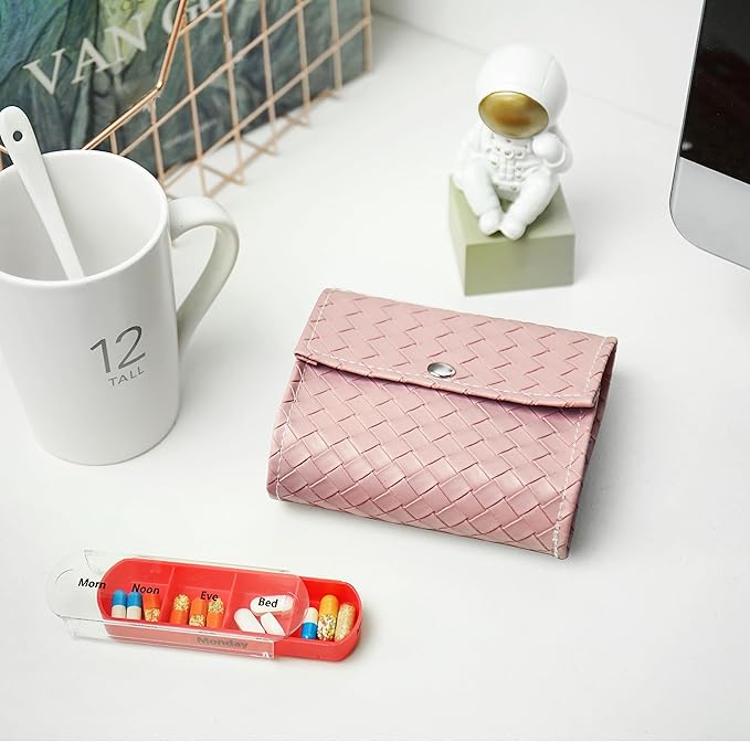 Pill Organizer,LIZIMANDU Weekly Travel Pill Case Box Medication Reminder Daily AM PM, Day Night 7 Compartments,for 4 Times A Day, 7 Days a Week-Includes Leather PU Carrying Case (1-Weave Purple)