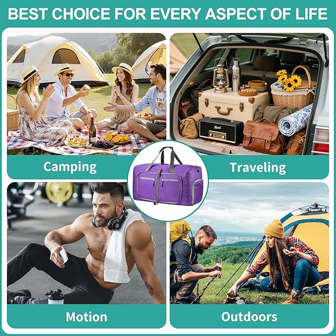 Dimayar Travel Duffle Bag for Men Women - Foldable Duffel Bag with Shoes Compartment - Overnight Bags Waterproof & Tear Resistant(115L,Purple)