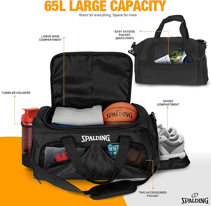 Spalding Duffle Bag Gym Bag for Men and Women | Large Black Duffel with Shoe and Wet Compartment | Use for Sport Gear and Accessories | Waterproof Bags for Sports Fitness Workout Travel
