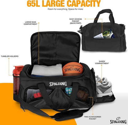Spalding Duffle Bag Gym Bag for Men and Women | Large Black Duffel with Shoe and Wet Compartment | Use for Sport Gear and Accessories | Waterproof Bags for Sports Fitness Workout Travel