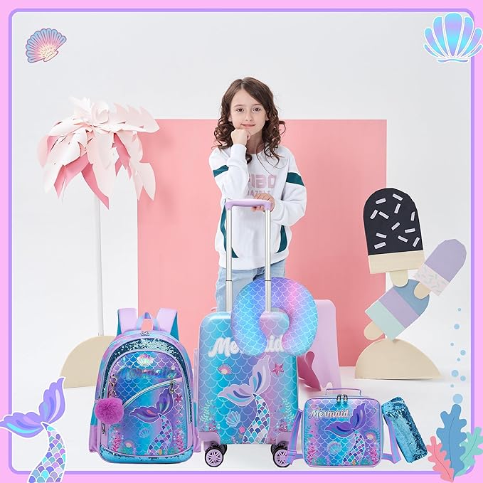 Cute Mermaid Kid’s Luggage Set 5 Piece Suitcase Set 16’’ Hardside Luggage with Spinner Wheels Girls Travel Rolling Luggage Carry on Luggage Airline Approved