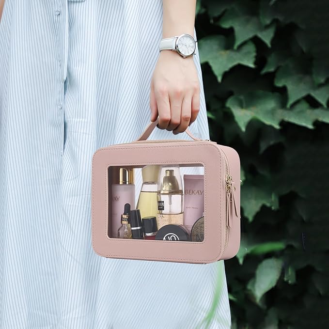 Pinkmik Clear Makeup Bag for Women Waterproof Travel Cosmetics and Toiletries Case Portable Makeup Oaganizer Bag Clear Car Bag with Zipper (Pink, L)