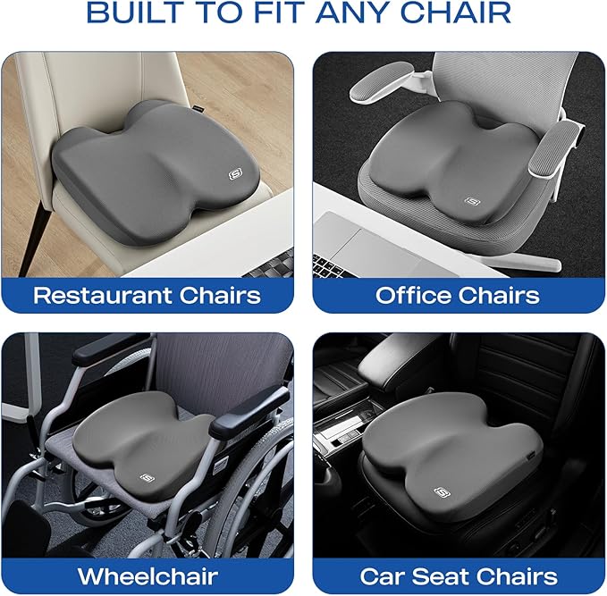 Skechers Memory Foam Seat Cushion,Ribbed Fabric Office Chair Cushion for Tailbone Pain Relief,Butt Pillow for Office Chair,Car Seat Cushion,Long Sitting Office Workers,and Car Drivers,Gray