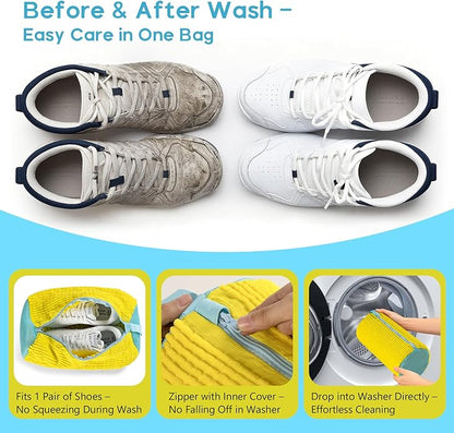 2 Pack Shoe Washing Bags with 2 Shoe Bags for Travel & 1 Shoe Brush - 360° Deep Clean for Sneakers/Tennis Shoes, Reusable with Self-locking Zipper & Microfiber Lining